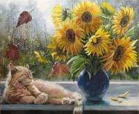 Без бренда «Подсолнухи в синей вазе возле кота» в Чите в интернет-магазине  Без бренда «Подсолнухи в синей вазе возле кота» в Чите