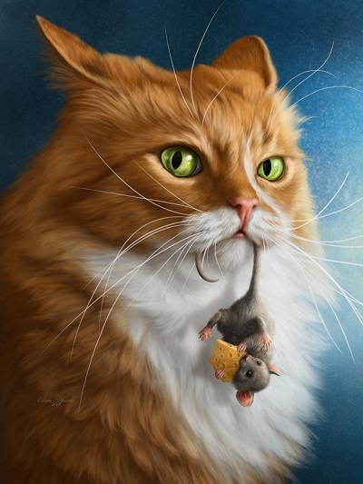 Картина по номерам 40x50 Зеленоглазый рыжий кот с мышей в зубах