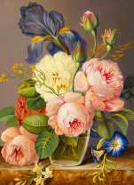 Пионы и ирисы в вазе на столе