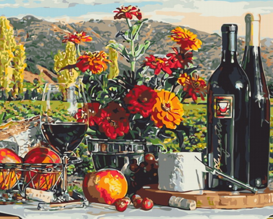 Картина по номерам 40x50 Вино, цветы и фрукты с видом на виноградник