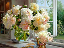 Без бренда «Ваза с букетом белых пионов у окна» в Чите