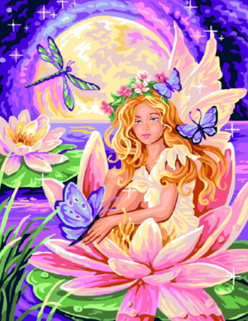 Картина по номерам 40x50 Дюймовочка на цветке среди бабочек и стрекоз