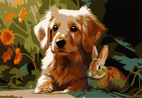 Рыжий щенок и кролик