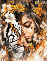 Девушка и тигрица в цветах