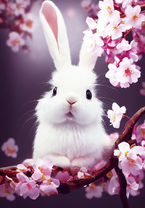 Удивленный белый кролик на сакуре